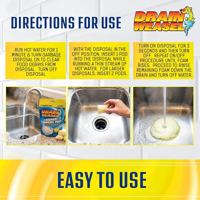 Drain Weasel Garbage Disposal Pods Cleaner and Deodorizer, Pack of 5 | Sink Odor Eliminator with Foaming Action, Septic-Safe Enzyme Formula, Fresh Lemon Scent