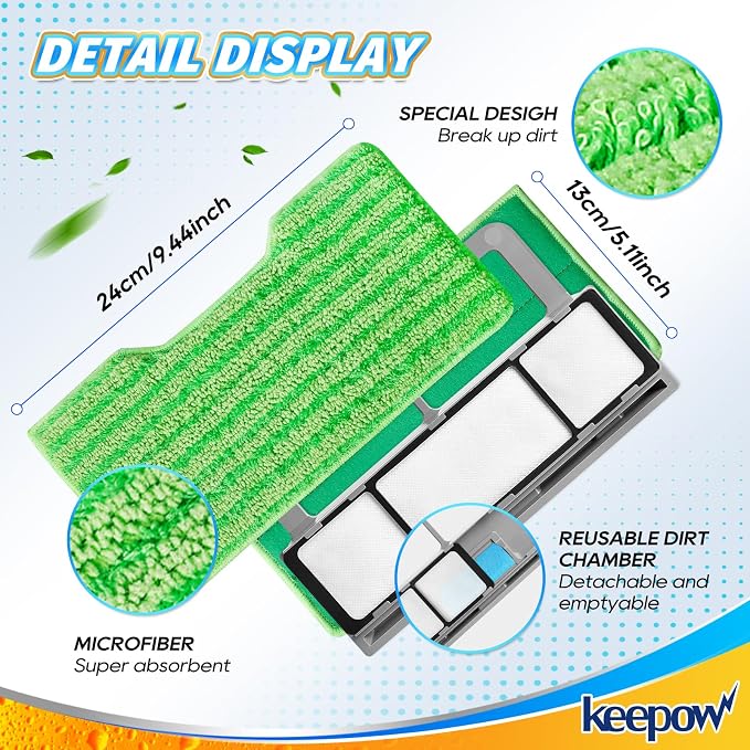 KEEPOW Reusable Mop Pads Replacement Compatible with Shark Vac Mop VM252 | VM401 VM180 VM200 VC205 VM250 QM250 VM190, Washable Vacuum Mop Pad Refills, Upgraded Design of Dirt Chamber (1+2+2+2 Pads)