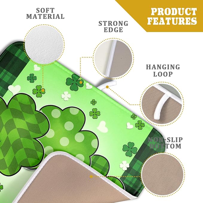 St Patrick's Day Shamrocks Dish Drying Mat 16x18 Inch - Lucky Clovers Kitchen Spring Irish Green Buffalo Check Plaid Pad - Absorbent Microfiber for Coffee Bar