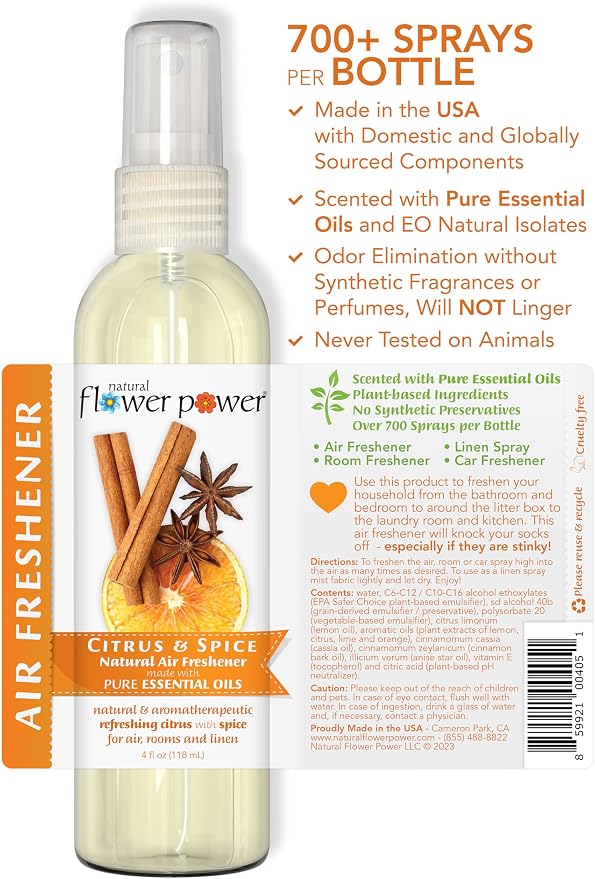 Natural Flower Power Air Freshener Spray - Odor Eliminator w/Essential Oils - Home, Car & Fabric - Cruelty Free & Vegan - 2 - Citrus & Spice - 2 x 4 fl oz