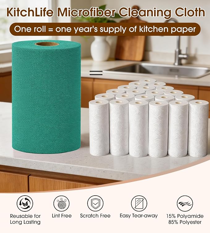 KitchLife Microfiber Cleaning Cloth Roll, 100 Pack - Tear-Away Microfiber Paper Towels, Lint-Free, Reusable, Washable for Kitchen, Car, Dishes, and Sensitive Surfaces (Forest Green)
