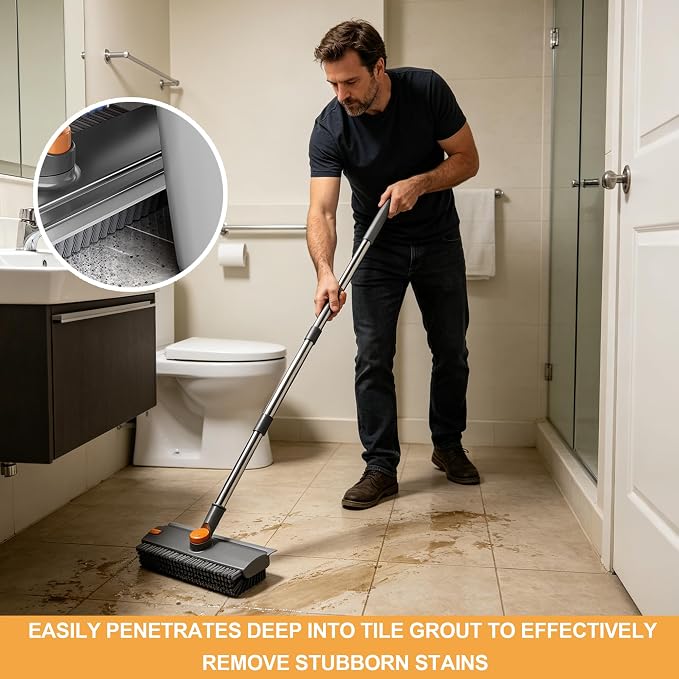 Floor Scrub Brush with Long Handle 3 in 1 Heavy Duty Stiff Bristle Scrubber Brush with Scraper V-Shaped Double-Sided Cleaning Brushes for Pool Tile, Grout,Crevices,Shower,Bathroom,Wall,Patio (Grey)