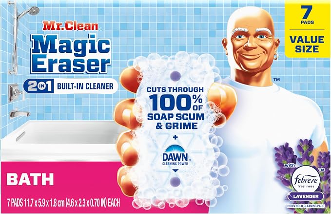 Mr. Clean Magic Eraser Sponge, Bathroom Cleaner, Shower Cleaner, Tub Cleaner, Soap Scum Remover, Bathroom Cleaning Supplies, Dawn Cleaning Power with Febreze Lavender Scent, 2 in 1 Bath, 7ct