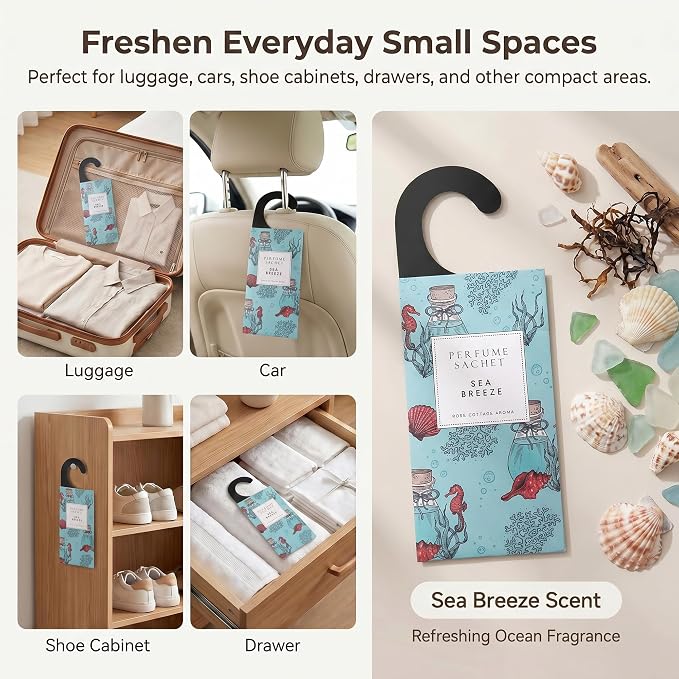 Large 12 Packs Sea Breeze Hanging Scented Sachets Long-Lasting Closet Deodorizer Air Freshener Fabric Refresher Odor Eliminator for Drawer Home Fragrance Gift Set