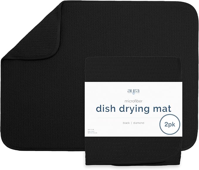 S&T INC. Dish Drying Mat, 2 Pack, 18" x 24", XL, Black | Absorbent Microfiber, 2PK Extra Large Kitchen Counter Mat for Dishes, Utensils, Pots and Pans, Machine Washable