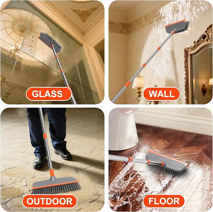 BITOPE Deck Scrub Brush with Long Handle, Heavy Duty Floor Cleaning Scrubber with Stiff Bristles Garage Concrete Cleaner Tool for Cleaning Tile Patio Outdoor Porch Indoor Kitchen Shower Bathroom