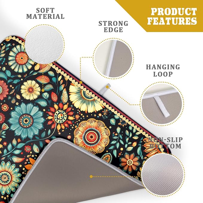 Boho Floral Dish Drying Mat for Kitchen Counter Absorbent Microfiber Flowers Drying Pad 18 X 24 In
