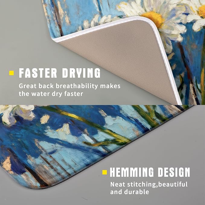 Daisy Dish Drying Mat Small for Kitchen Counter 16x18, Spring Summer Cute Flower Decorative Absorbent Reversible Microfiber Kitchen Countertop Protector Dishes Drainer Pad