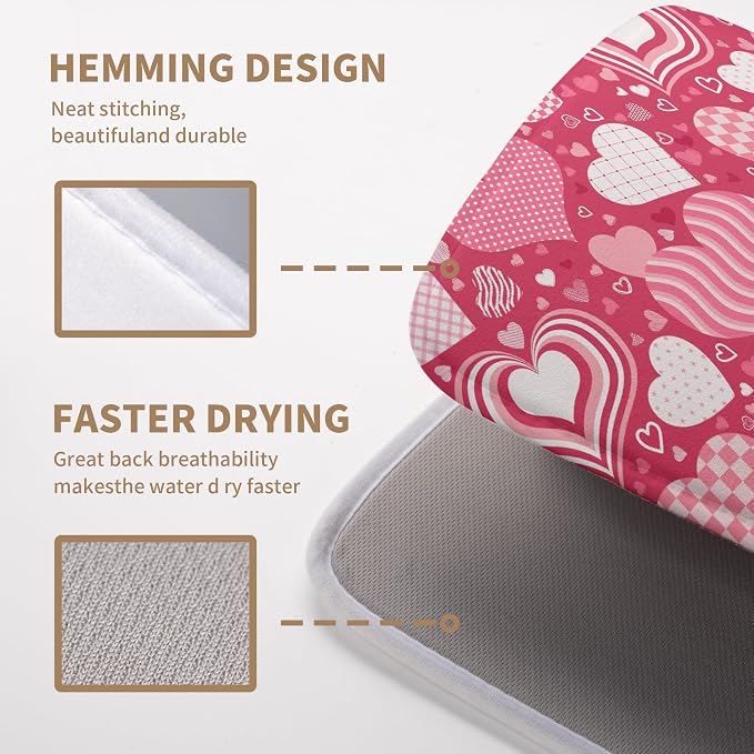 Red Heart Valentine Dish Dry Mat - 18x24 Inch Absorbent Reversible Dish Pad for Kitchen Counter