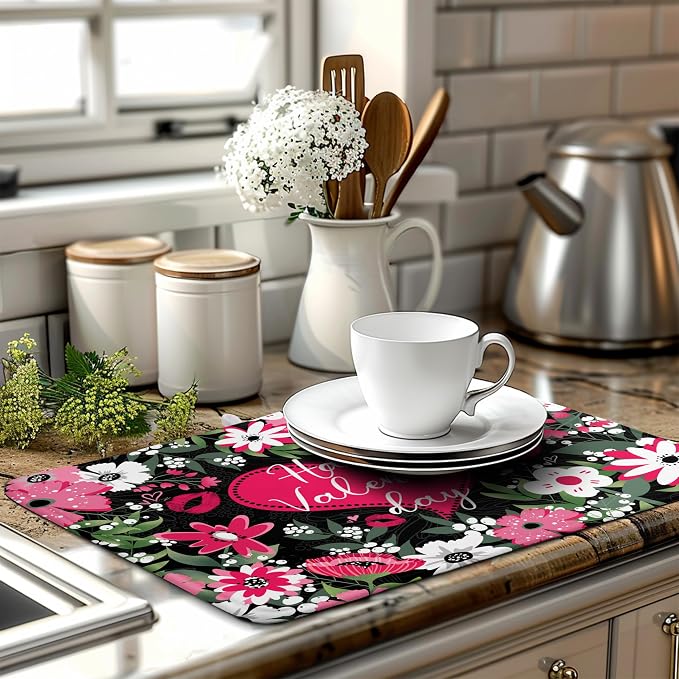 Happy Valentine's Day Dish Drying Mat for Kitchen Counter Valentines Flowers Love Heart Drying Mats Absorbent Reversible Dishes Drainer Mats Microfiber Dish Drying Pad Large Dish Rack Mat 18x24 Inch