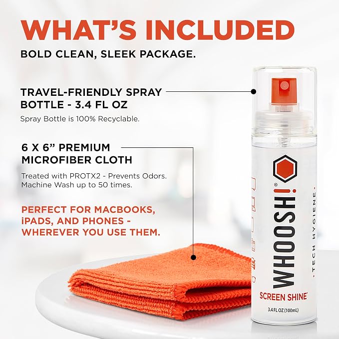 WHOOSH! Screen Shine Go XL - 3.4 fl oz with Microfiber Cloth - Powerful Streak-Free Screen Cleaner Spray and Wipe for MacBook, Laptop, Car, Eyeglasses & Phone - Sleek Bottle for Home, Work or Travel