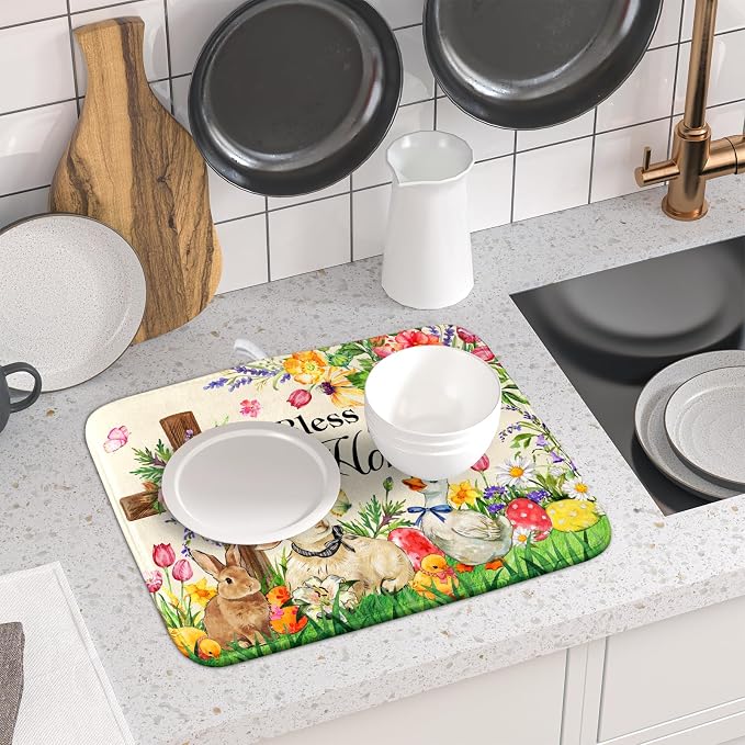 Easter Farmhouse Dish Drying Mat Funny Animal Dish Pad for Kitchen Counter Small 16 X 18
