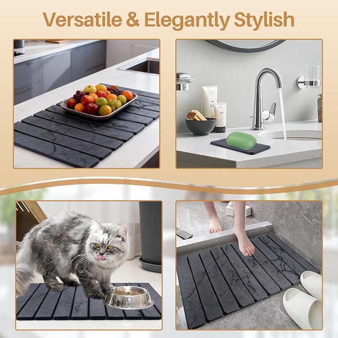 2 PCS Quick Dry Stone Dishes Mats for Kitchen Counter,Collapsible Quick Drying Dish Mats,Ultra Absorbent Diatomaceous Earth Mats for Dishes Bottles Cups, Match Any Countertop（Gray 24"×16"& 8"x4"）