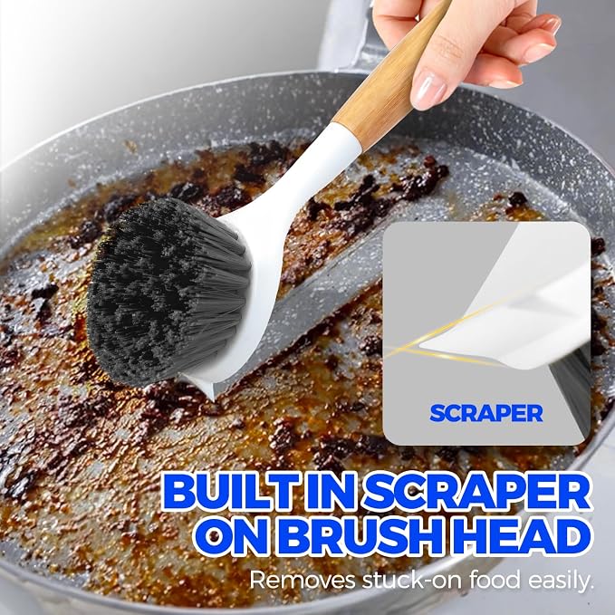 Holikme 3 Pack Cast Iron Brush and Scraper with Bamboo Handle – Skillet Scrubber with Tough Nylon Bristles, Kitchen Cleaner for Cleaning Skillet, Grill Pan, Black