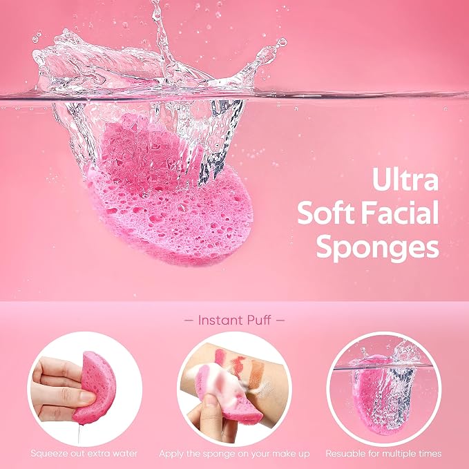 GAINWELL 50-Count Compressed Facial Sponge for Daily Facial Cleansing and Exfoliating, 100％ Natural Cosmetic Spa Sponges for Makeup Remover, Reusable, Pink