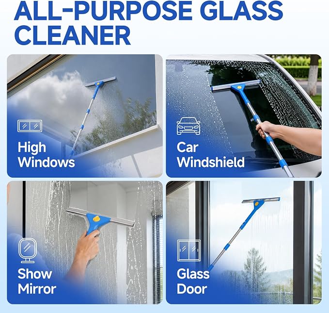 Window Cleaning Kit, 3 Gallon Foldable Bucket, 87 Inch Long Handle | Complete window washing kit with 3-gallon foldable bucket, 14-inch squeegee, 15-inch scrubber and 87-inch handle