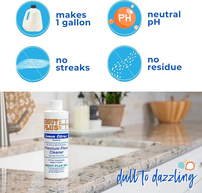 Premium Floor Cleaner, All Purpose Multi Surface Cleaner & Optically Enhanced Brightener, Neutral pH, 3X Strength, No Rinse - Lemon Citrus, 8 Oz for 1 Gal