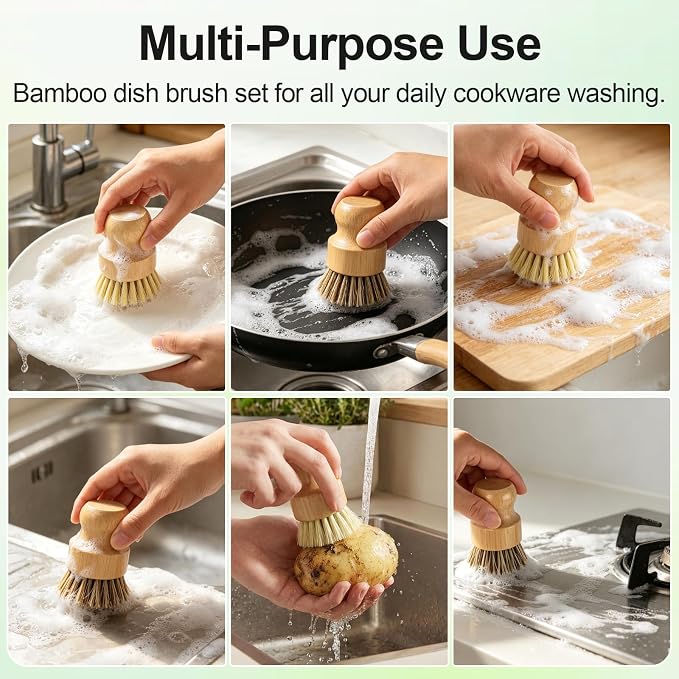 4 Pack Bamboo Dish Brush Set with Holder, 2 Sisal Dish Brushes & 1 Palm Scrub Brush, Natural Kitchen Scrub Brush for Dishes, Pots, Pans, Sink