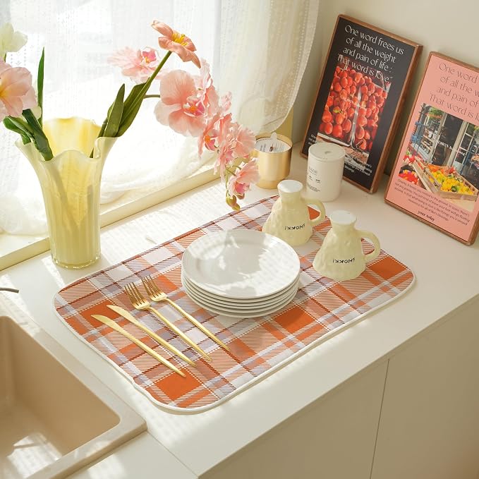 Fall Dish Drying Mat 18x24 Inches For Kitchen Counter Orange Plaid Kitchen Decoration Drying Mat Decorative Autumn Thanksgiving Drying Pad for Home Kitchen,Dining Room,Office Decor