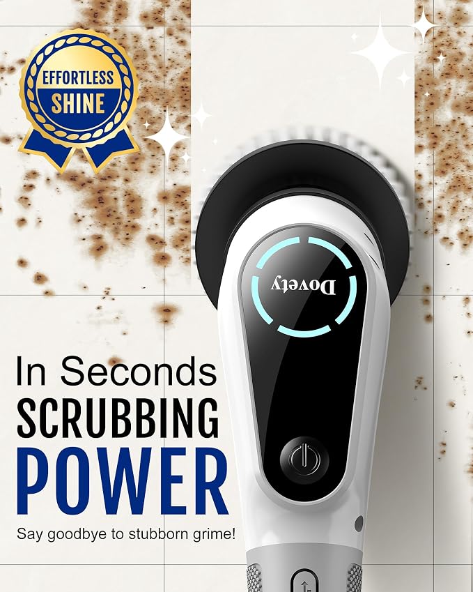 Dovety Electric Spin Scrubber, Shower Scrubber, Power Cleaner Tools with 8 Replaceable Brush Heads, Cleaning Brush with Extension Handle, 2 Adjustable Speeds, 90Mins Work Time for Home Bathtub-White