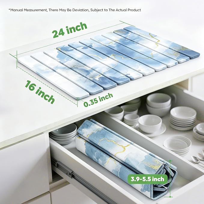 Stone Drying Mat for Kitchen Counter, Quick Diatomaceous Earth Mats for Dishes, 24"L x 16" W Super Absorbent Fast-Drying Collapsible Countertop Stone Mat (Marble White Blue, 24" x 16")