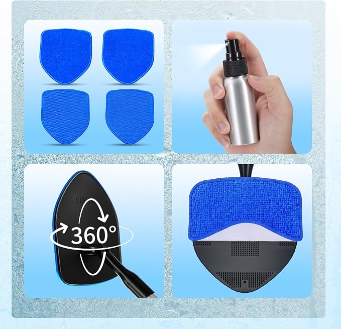 XINDELL Interior Windshield Cleaner Tool, Car Window Cleaning Kit with 5 Reusable Microfiber Pads, Extendable Handle & 360° Rotating Head, Safety Hammer, Streak-Free Auto Glass Wiper for Truck SUV RV