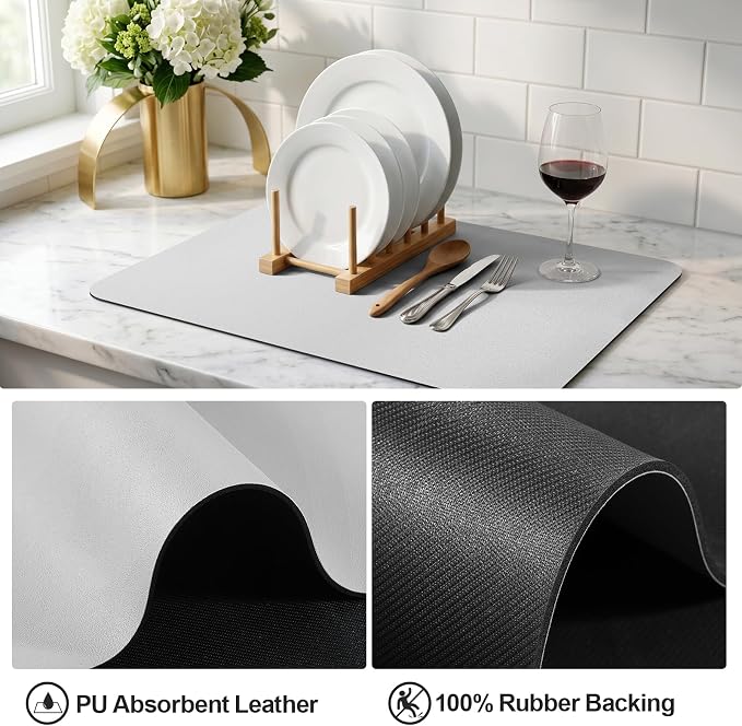 Ecotrim - Dish Drying Mat for Kitchen Counter | Coffee Bar Mat for Countertops | Heat Resistant Drainer Mat with Non-slip Rubber Backed | Hide Stain Kitchen Absorbent Draining Mat | Light Grey 18"x24"