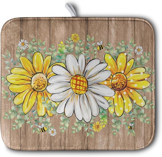 Rustic Daisy Floral Dish Drying Mat for Kitchen Counter Spring Summer Sunflower Dish Drying Mat Bee Absorbent Microfiber Dish Mat Reversible Dish Drainer Rack Mat 16x18 Inch