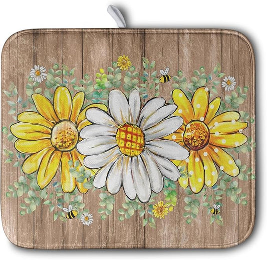 Rustic Daisy Floral Dish Drying Mat for Kitchen Counter Spring Summer Sunflower Dish Drying Mat Bee Absorbent Microfiber Dish Mat Reversible Dish Drainer Rack Mat 16x18 Inch