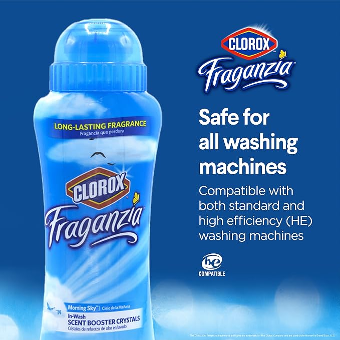 Clorox Fraganzia Laundry Scent Booster Crystals, In-Wash Fragrance Beads for Fresh-Smelling Clothes & Linens, Safe for All Fabrics & Colors, Easy-Pour Bottle, Morning Sky Scent, 18 Oz, 2 Pack