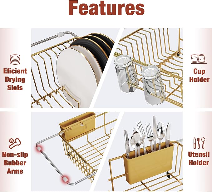 JASIWAY Gold Dish Drying Rack in Sink, Expandable Stainless Steel Dish Drainers with Drainboard for Kitchen Counter, Space Saving Dish Dryer Rack, Over The Sink Dish Racks with Utensil Holder