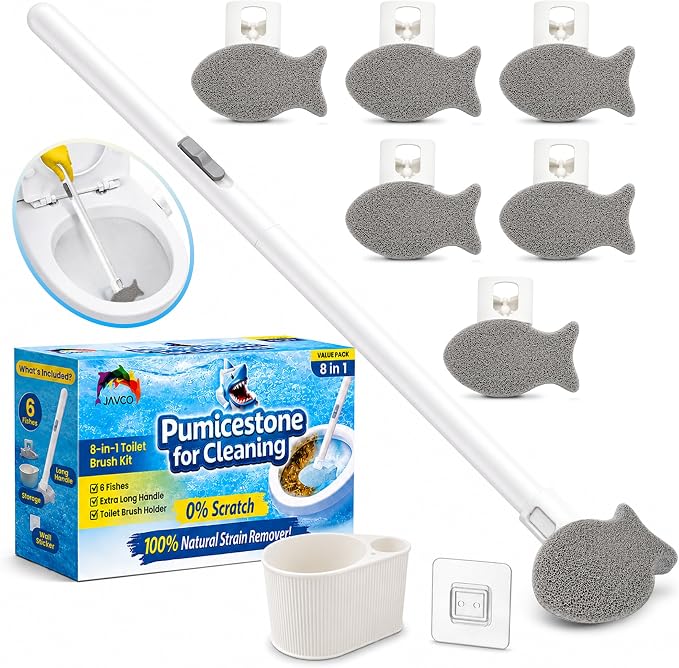 Pumice Stone for Toilet Bowl Cleaning, 8-in-1 Toilet Cleaning Kit with 6 Replaceable Fish Heads, 17" Extra Long Handle, Wall Mount Holder, Removes Hard Water Stains, Mineral Deposits & Rust Rings