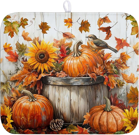 Fall Dish Drying Mat for Kitchen Counter Autumn Thanksgiving Pumpkin Sunflower Maple Leaf Leaves Birds Dishes Draining Pad Washable Dish Drainer Rack Mat Medium 16x18 Inch