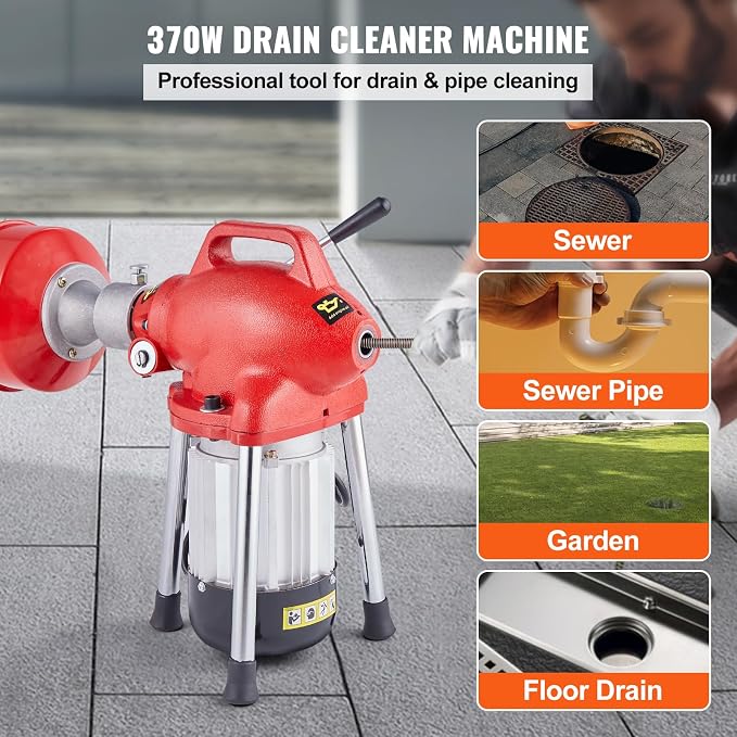 VEVOR Drain Cleaner Machine 120FT x 5/8 Inch, 370W Electric Sewer Snake Auger Manual Feed - with 2 Sectional Steel Cables(120' x 5/8" and 23' x 3/8"), 7 Cutters and CW/CCW Control for 1.6" to 4" Pipes