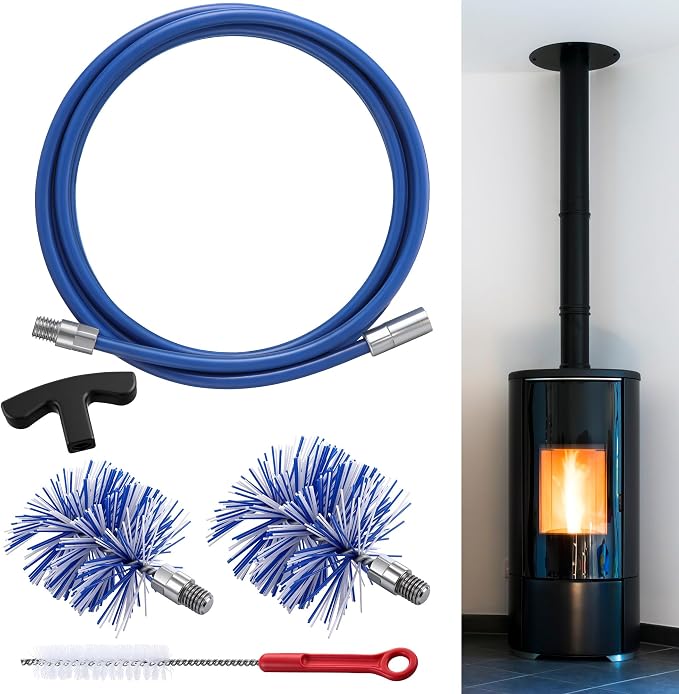 Dreyoo Pellet Stove Cleaning Brush Kit, 10 FT Flexible Steel Rod with 3" & 4" Brush Head, T Handle, Multi Purpose Flue Detail Cleaner, Nylon Stove Flue Pipe Kit for Pellet Furnace Exhaust Pipes