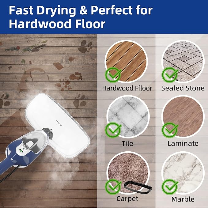 GorFanty Steam Mop - 10-in-1 Floor Steamer MultiPurpose Steam Cleaner | Detachable Handheld for Hardwood/Tile/Laminate All Floors Carpet Cleaning with 11 Accessories for Whole Home Use(Blue)