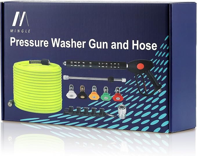 M MINGLE Pressure Washer Hose and Gun Kit, 50FT Power Wash Hose with 5 Tips | M22-14mm Fitting, Replacement for Ryobi, Simpson, Craftsman, Ideal for Car, Driveway, Patio & Household Deep Washing