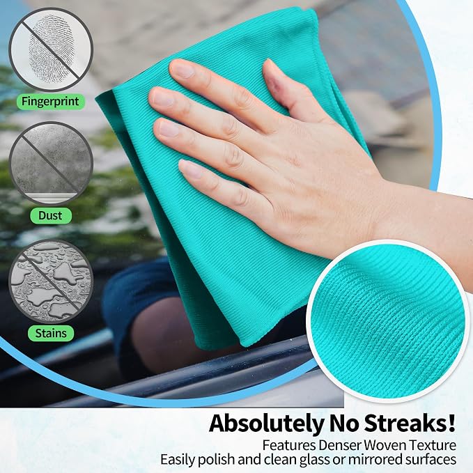Microfiber Cleaning Cloth, 12 Pack Window Glasses Cleaning Cloth, Reusable Lint-Free Streak Free Polishing Cloth Wipes for Stainless Steel, Eyeglass, Mirror, Screen & Lense, Turquoise