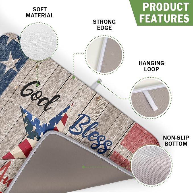 Kawani 4th of July Dish Drying Mat 16x18 Inch Patriotic God Bless America Memorial Kitchen Mats Independence Day Absorbent Dishes Pad for Kitchen Counter USA Star Drying Mat Home Decor for Countertop