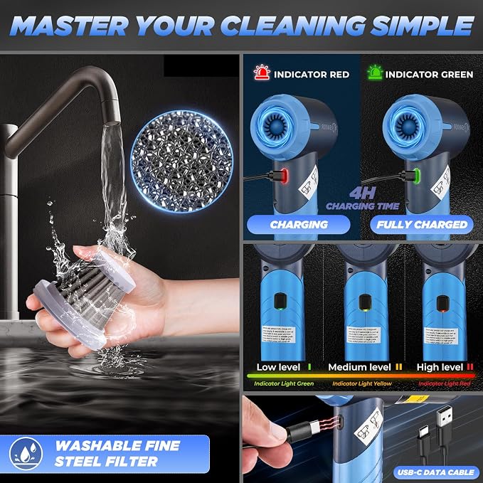 Saker Handheld Car Vacuum Portable Cordless17000Pa HL132 Blue | Small Car Vacuum with Brushless Motor,Air Duster Blower,Rechargeable Foldable Vacuum Cleaner,for Home, Office Pet