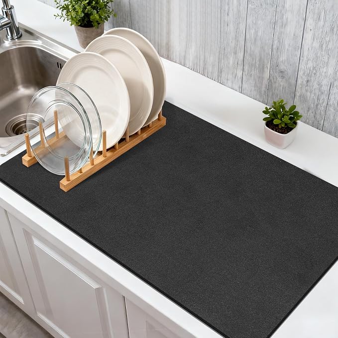 Findosom Dish Drying Mat, 12"x 20" Super Absorbent & Hide Stain Coffee Mat, Cuttable Drying Mat for Kitchen Counter, Coffee Bar Accessories, Under Dish Rack, Coffee Maker, Espresso Machine, Black-2