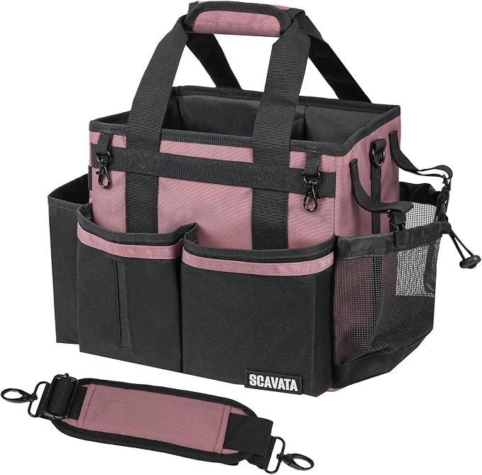SCAVATA Compact Wearable Cleaning Caddy with Handle & Shoulder Straps | Small Cleaning Supplies Organizer, Under Sink & Car Cleaning Tools Storage Bag for Housekeepers Cleaners, LotusPink