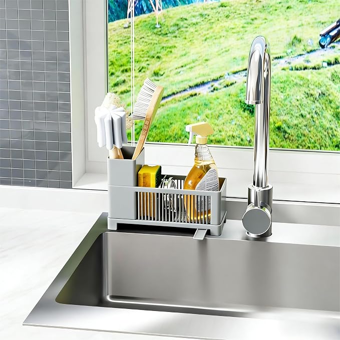 Rustproof Kitchen Sink Organizer for Countertop,Multifunctional Sink Organizer Caddy & Organization,Scrub Brush and Sponge Holder,Plastic Sink Storage Rack,Sponge Drain Rack,Dish Soap Dispenser,Grey