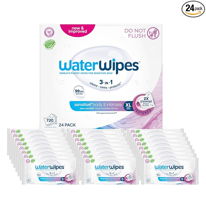 WaterWipes Sensitive Whole Body Cleansing Wipes, 99.9% Purified Water, XL Textured Wipes, Incontinence Care, Fragrance Free, 360 Count