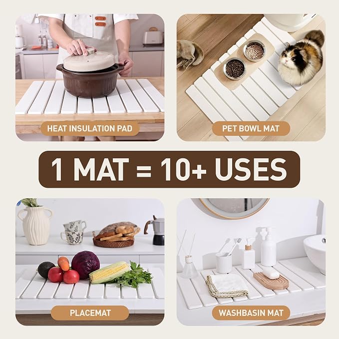 Large Stone Drying Mat for Kitchen Counter 24x16 Inch, Premium Diatomaceous Earth Super Absorbent | Quick Dry Non-Slip Collapsible Dish Mat for Dishes Utensils Cups | Eco-Friendly Counter Protector