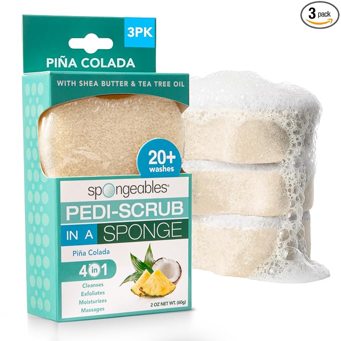 Spongables Pedi Scrub Foot Exfoliating 20+ Wash Sponge, Pina Colada, 3 Count