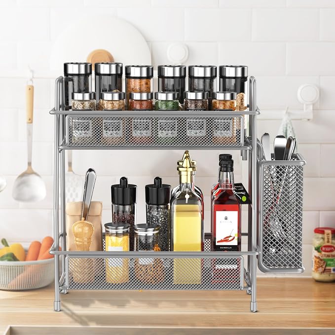 LEMIKKLE Spice Rack Organizer for Kitchen Counter, Spices Organizer and Storage Seasoning Organizer for Cabinet, Kitchen Metal Countertop Organizer with Side Basket (Grey)