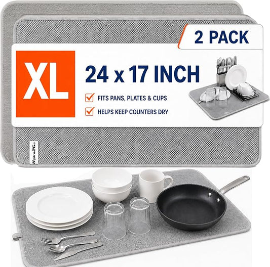 Dish Drying Mat 24 x 17 in, Large Microfiber Drying Mats, Absorbent Quick Dry Pad for Kitchen Counter, Countertop Protector for Dishes, Pots & Pans, Machine Washable, Gray (2 PCS)