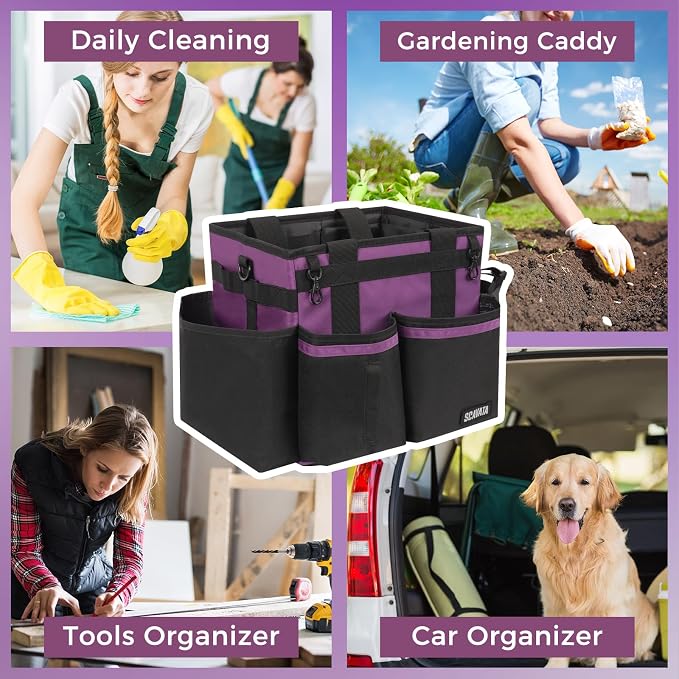 SCAVATA Compact Wearable Cleaning Caddy with Handle & Shoulder Straps | Small Cleaning Supplies Organizer, Under Sink & Car Cleaning Tools Storage Bag for Housekeepers Cleaners, RoyalPurple
