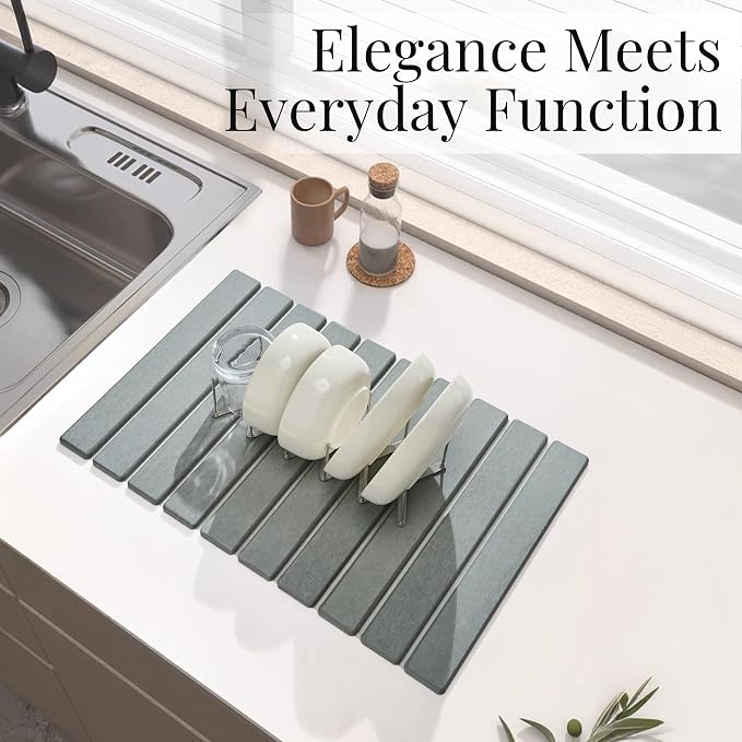 Diatomaceous Stone Dish Drying Mat with Collapsible Steel Rack - Quick Dry Kitchen Counter Set, Space Saving Foldable Dryer